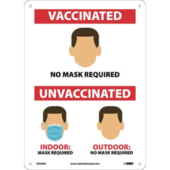 NMC - Safety Signs; Message Type: COVID-19 ; Message or Graphic: Message & Graphic ; Sign Header: COVID-19 ; Legend: CHARACTERS, VACCINATED NO MASK REQUIRED, UNVACCINATED INDOOR: MASK REQUIRED, OUTDOOR: NO MASK REQUIRED ; Language: English ; Material: Pl - Exact Industrial Supply