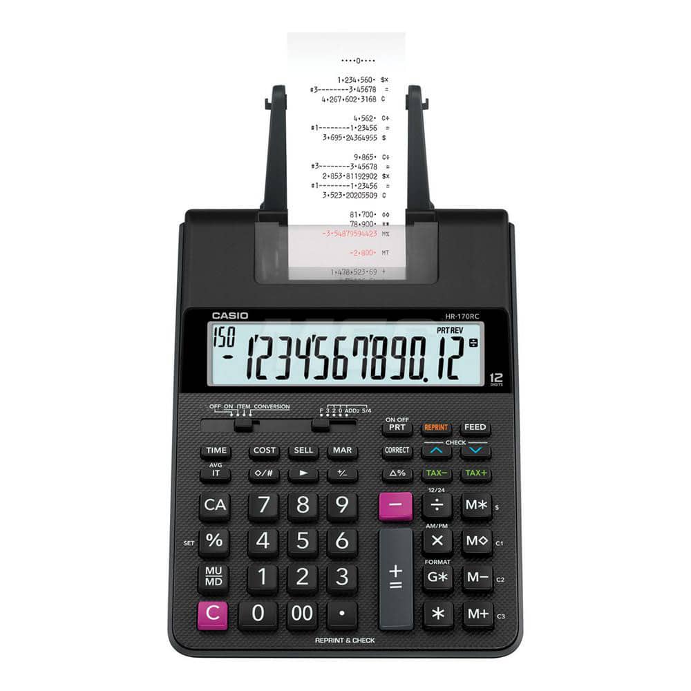 Casio - Calculators; Type: Printing Calculator ; Type of Power: AC ; Display Type: 12-Digit LCD ; Color: Black; Red ; Display Size: 12mm ; Width (Inch): 6-1/2 - Exact Industrial Supply