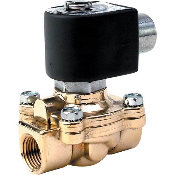 Parker - 120/60 - 110/50 VAC 1/2" NPT Port Brass Two-Way Internally Piloted Diaphragm Solenoid Valve - Exact Industrial Supply