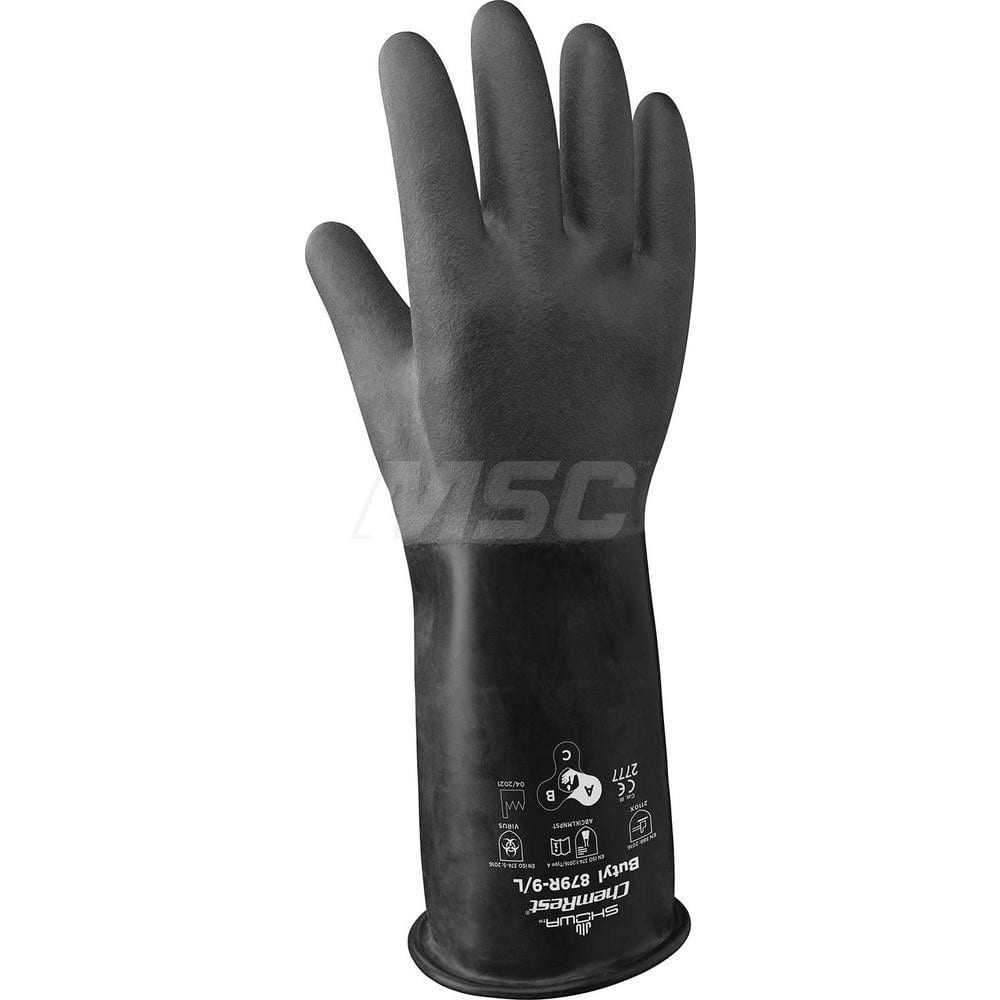 Chemical Resistant Gloves: X-Large, 25 mil Thick, Butyl-Coated, Butyl, Unsupported Black, 14'' OAL, Rough, ANSI Cut A1, ANSI Abrasion 2, ANSI Puncture 0