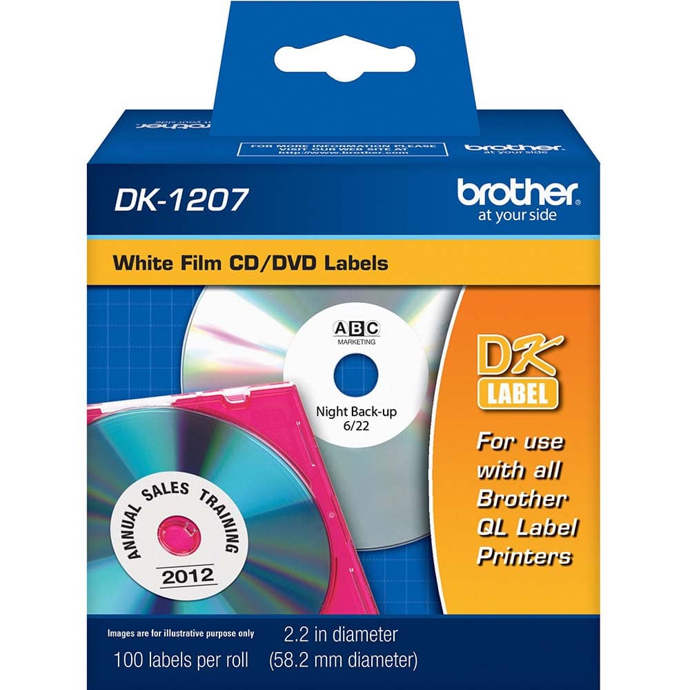 Brother - Labels, Ribbons & Tapes; Type: CD/DVD Film Label ; Color: Black on White ; For Use With: Brother QL-1050; QL-1060N; QL-1100; QL-1110NWB; QL-500; QL-700; QL-710W; QL-720NW; QL-800; QL-810W; QL-820NWB; QL-1050N; QL-550; QL-570; QL-570VM; QL-580N; - Exact Industrial Supply