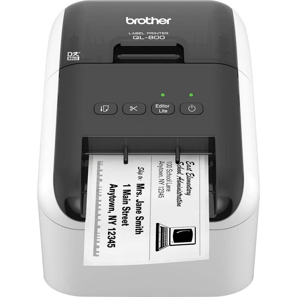 Brother - Electronic Label Makers; Type: Label Printer ; Power Source: 120V AC 60Hz 1.7A ; Resolution: 300 x 600 ; Contents: Software; USB Cable; Power Cord; Quick Setup Guide; Documentation; Starter Rolls - (100) Die-Cut Standard Address Labels (DK-1201 - Exact Industrial Supply