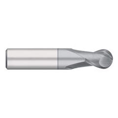 Ball End Mill: 0.1875″ Dia, 0.375″ LOC, 2 Flute, Solid Carbide 2″ OAL, 3/16″ Shank Dia, 30 ° Helix, TiCN Coated, Single End