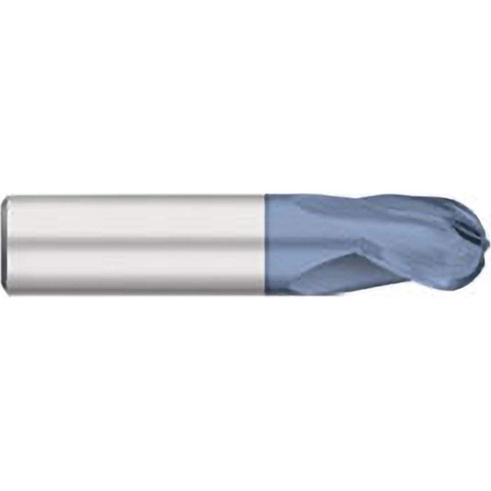 Ball End Mill: 0.1875″ Dia, 0.375″ LOC, 3 Flute, Solid Carbide 2″ OAL, 3/16″ Shank Dia, 30 ° Helix, AlTiN Coated, Single End