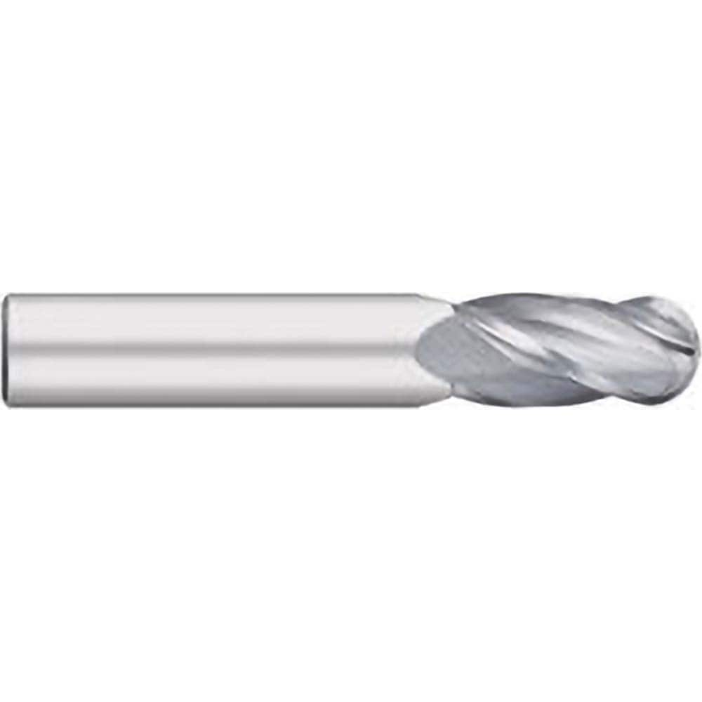 Ball End Mill: 0.0984″ Dia, 0.374″ LOC, 4 Flute, Solid Carbide 38 mm OAL, 3 mm Shank Dia, 30 ° Helix, Uncoated, Single End