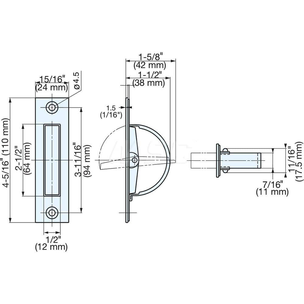 Recessed Pulls; Overall Width (Inch): 4-21/64; Overall Height (mm): 24.00000; Recess Width: 64.00; Recess Height: 24.00; Recess Depth: 1.00; Center to Center: 94.0000; Finish/Coating: Satin; Material: Stainless Steel; Material: Stainless Steel