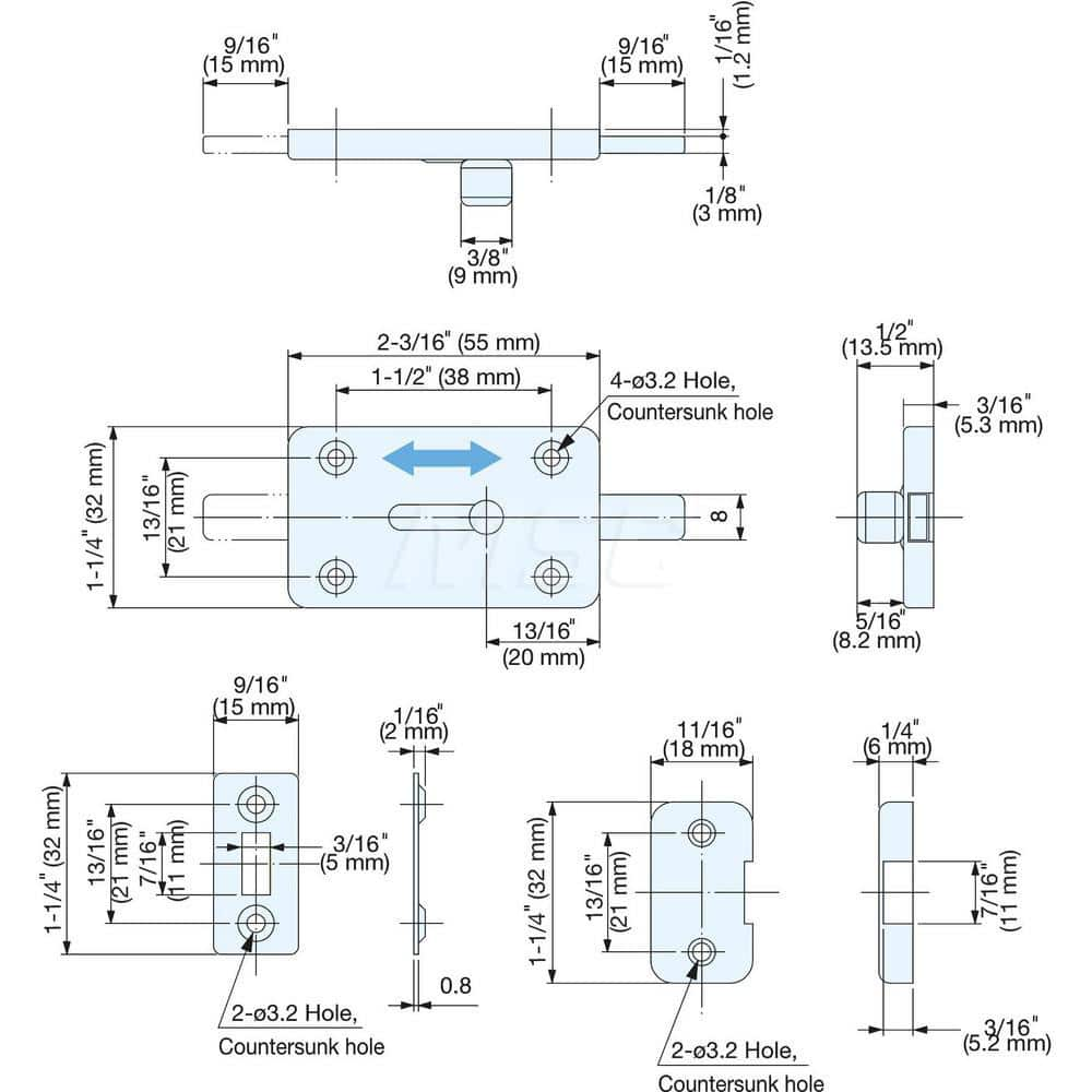 Slide Bolts; Type: Centered Strike Slide Bolt; Length (mm): 55.00; Width (mm): 32.00; Finish/Coating: Satin; Additional Information: Overall Length: 70 mm; 32 x 15 x 2 mm; Counter Plate Size: 32 x 18 x 6 mm; Screw: 2.7 x 16; Weight: 47 g; Minimum Order Qu