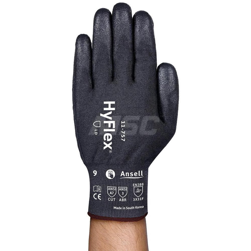 Cut & Puncture-Resistant Gloves: ANSI Cut A7, ANSI Puncture 4, Polyurethane, Knit Nylon Black, Palm & Fingers Coated