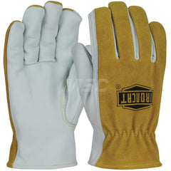 Welding Gloves: Size Medium, Uncoated, Grain Cowhide Leather & Split Cowhide Leather, Light Duty Welding Application Brown & White, Uncoated Coverage, Smooth Grip