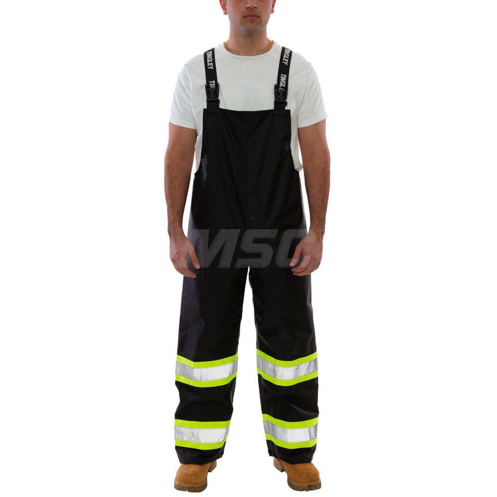 Non-Disposable Rain & Chemical-Resistant Bib Overalls: Waterproof, Fluorescent Yellow ™Green & Black, Polyurethane On 300D Polyester 31″ Inseam, Snaps Closure, 0