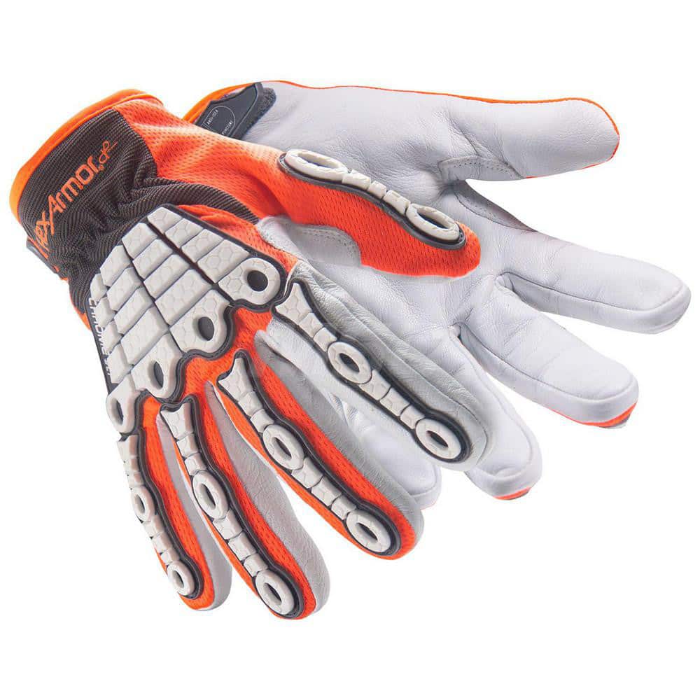 Cut, Puncture & Abrasive-Resistant Gloves: Medium, ANSI Cut A6, ANSI Puncture 3, HPPE Lined, Leather Gray, Orange & White, Smooth Grip, High Visibility, ANSI Abrasion 4