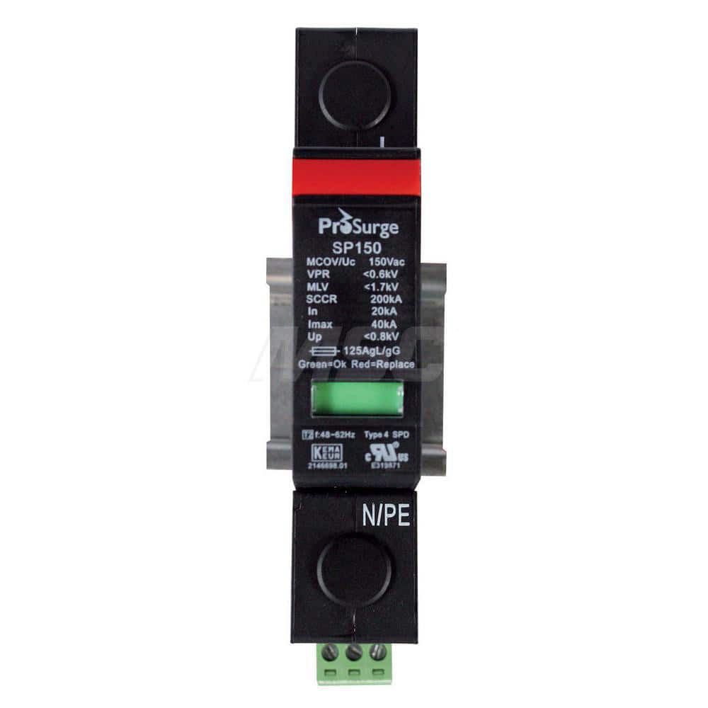 Hardwired Surge Protectors; Voltage: 240; Nominal Discharge Current (kA): 20.00; Maximum Continuing Operating Voltage: 320 VAC; Short Circuit Current (kA): 200; Surge Protection Capacity (kA): 50; Mounting Type: DIN Rail; Number of Wires: 2; Overall Lengt