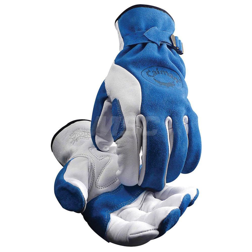 Welding Gloves: Size X-Large, Uncoated, Grain Cowhide Leather & Split Cowhide Leather, Multi-Task Welding Application Blue & White, Uncoated Coverage, Smooth Grip