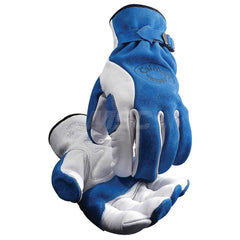 Welding Gloves: Size Large, Uncoated, Grain Cowhide Leather & Split Cowhide Leather, Multi-Task Welding Application Blue & White, Uncoated Coverage, Smooth Grip