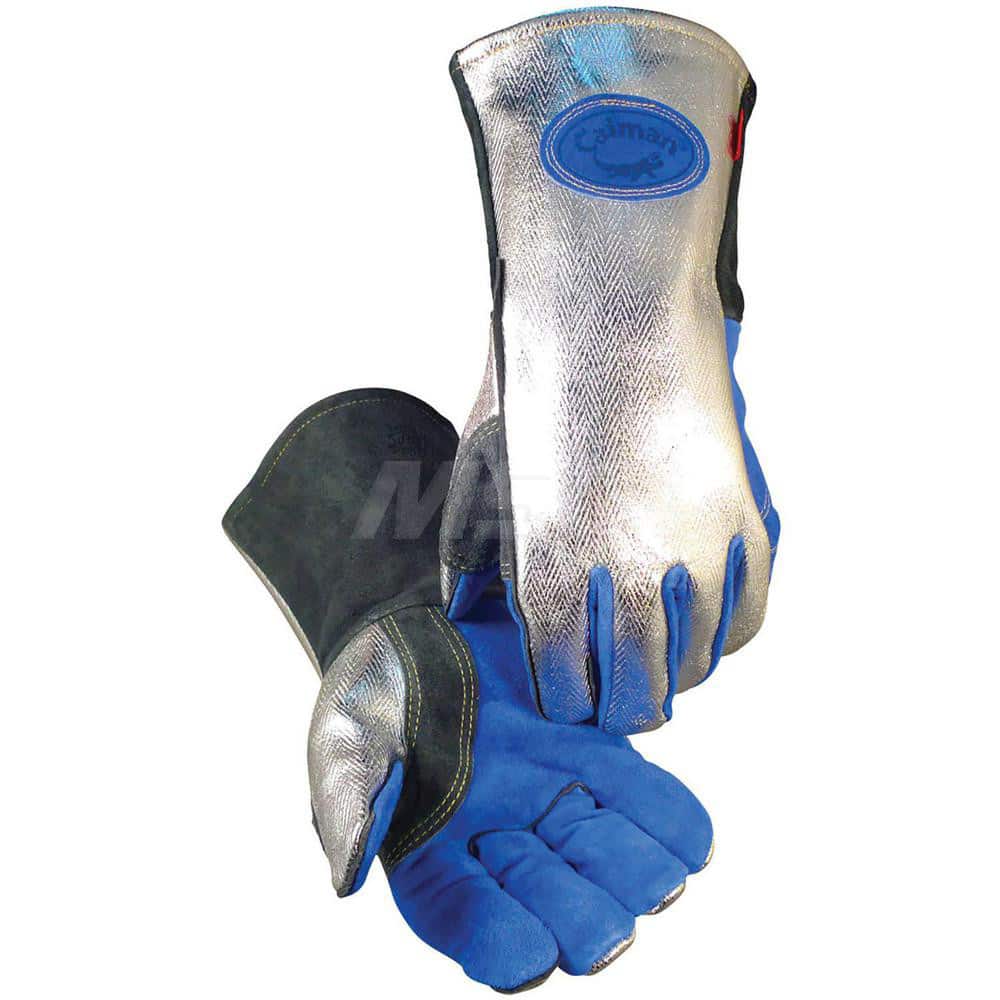 Welding Gloves: Size Large, Uncoated, Split Cowhide Leather, MIG Welding & Stick Welding Application Blue, Black & Silver, Uncoated Coverage, Suede Grip