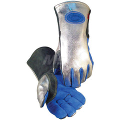 Welding Gloves: Size Large, Uncoated, Split Cowhide Leather, MIG Welding & Stick Welding Application Blue, Black & Silver, Uncoated Coverage, Suede Grip