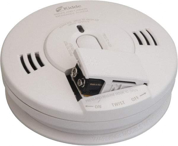 Kidde - Wire In 120 Volt Smoke and Carbon Monoxide Alarm - 85 dB Decibel Rating, 9V Battery Not Included, Wall or Ceiling Mount, Photoelectric and Electrochemical Sensor, Indicating Light, Tamper Resistant, Interconnectable - Exact Industrial Supply