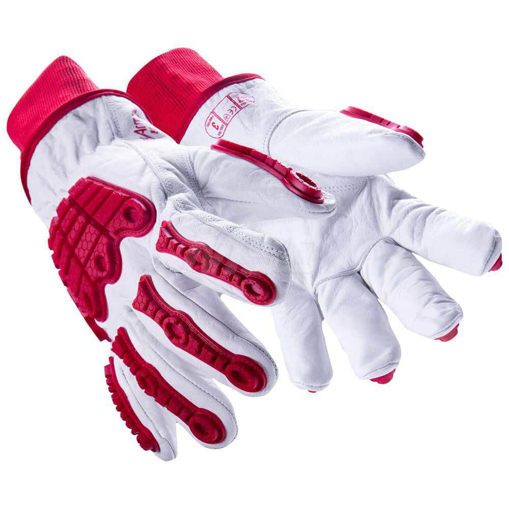 Cut, Puncture & Abrasive-Resistant Gloves: Large, ANSI Cut A7, ANSI Puncture 3, HPPE & Thermal Lined, Leather Red & White, Smooth Grip, ANSI Abrasion 4