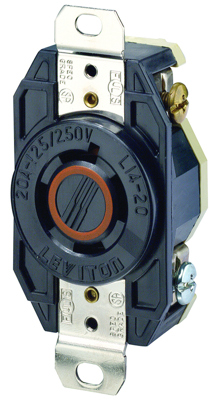 20 Amp; 125/250 Volt; NEMA L14-20R; 3P; 4W; Flush Mtg Locking Receptacle; Industrial Grade; Grounding; V-0-MAX - Black - Exact Industrial Supply