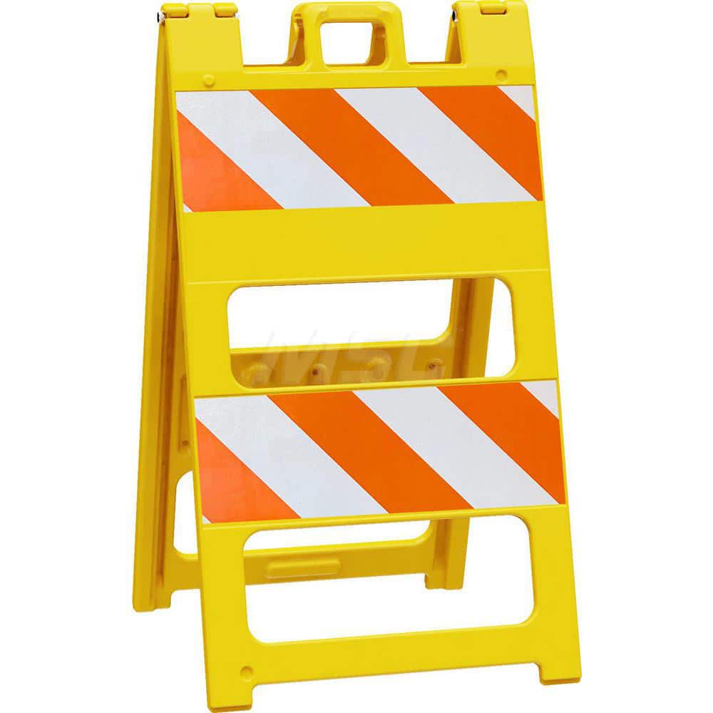 Traffic Barricades; Type: Type I; Barricade Height (Inch): 45; Material: Plastic; Barricade Width (Inch): 25; Reflective: Yes; Compliance: MASH Compliant; MUTCD; Color: Yellow; Weight (Lb.): 16.0000; Top Panel Height (Inch): 12; Top Panel Width (Inch): 24