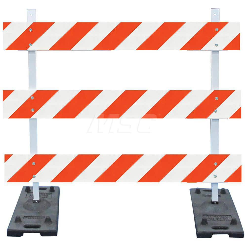 Traffic Barricades; Type: Type III; Barricade Height (Inch): 63; Material: Rubber Feet; Plastic Board; Polymer Plastic Upright; Barricade Width (Inch): 72; Reflective: Yes; Compliance: MASH Compliant; MUTCD; Weight (Lb.): 52.2500; Top Panel Height (Inch):