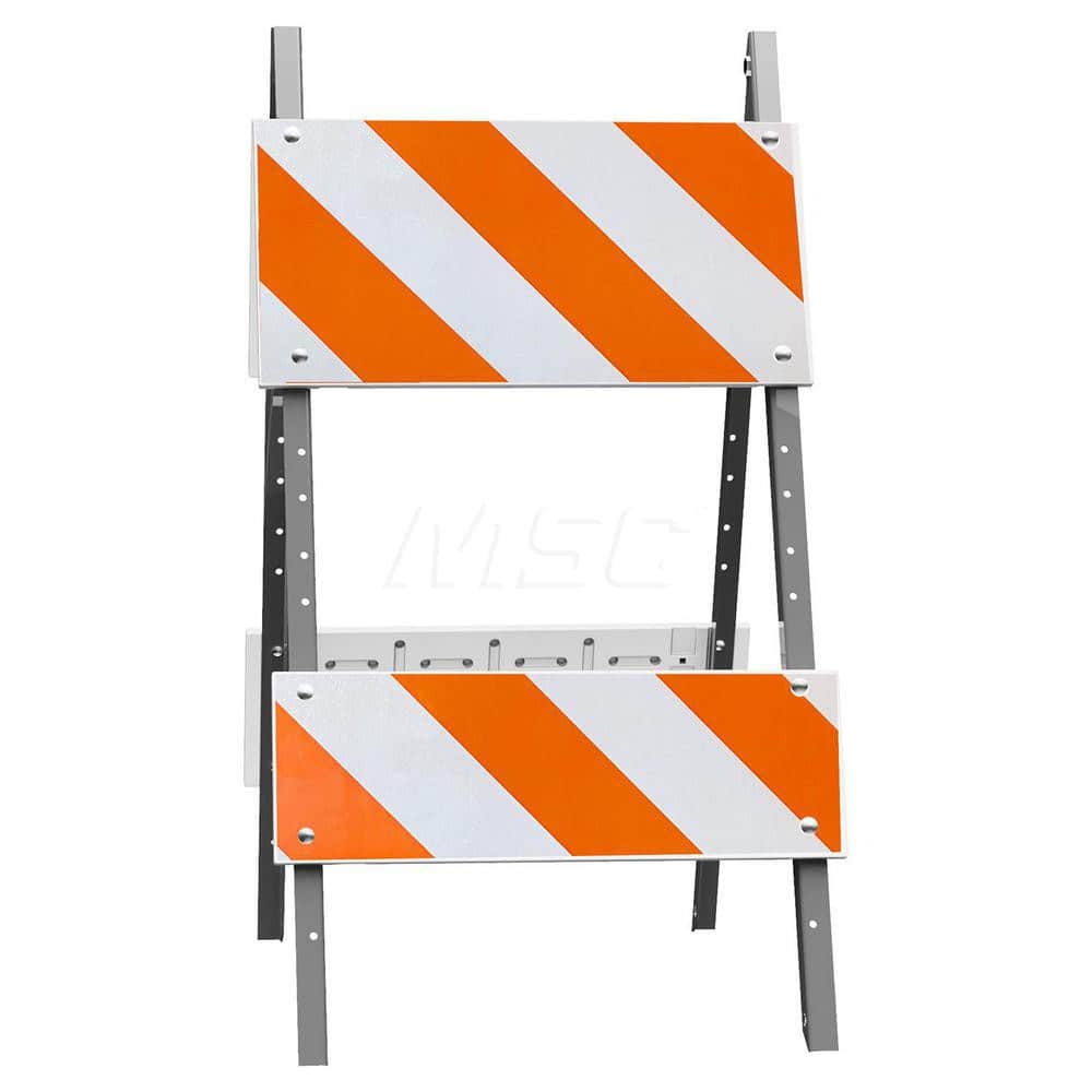 Traffic Barricades; Type: Type II; Barricade Height (Inch): 45; Material: Plastic Board; Galvanized Steel Leg; Barricade Width (Inch): 24; Reflective: Yes; Compliance: MASH Compliant; MUTCD; Color: White; Weight (Lb.): 2.2000; Top Panel Height (Inch): 12;