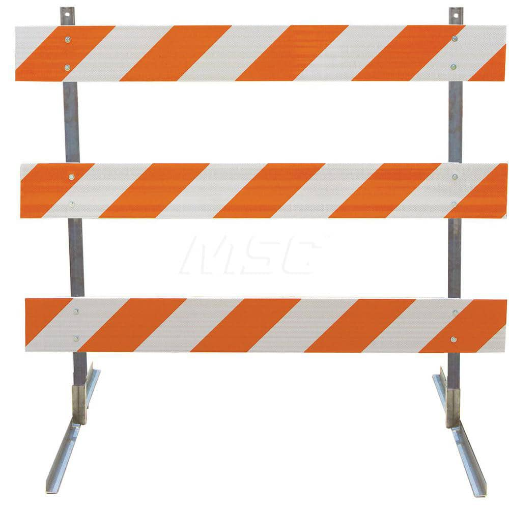 Traffic Barricades; Type: Type III; Barricade Height (Inch): 63; Material: Galvanized Steel Upright; Plastic Board; Barricade Width (Inch): 96; Reflective: Yes; Compliance: NCHRP-350; MUTCD; Weight (Lb.): 16.0000; Top Panel Height (Inch): 8; Top Panel Wid