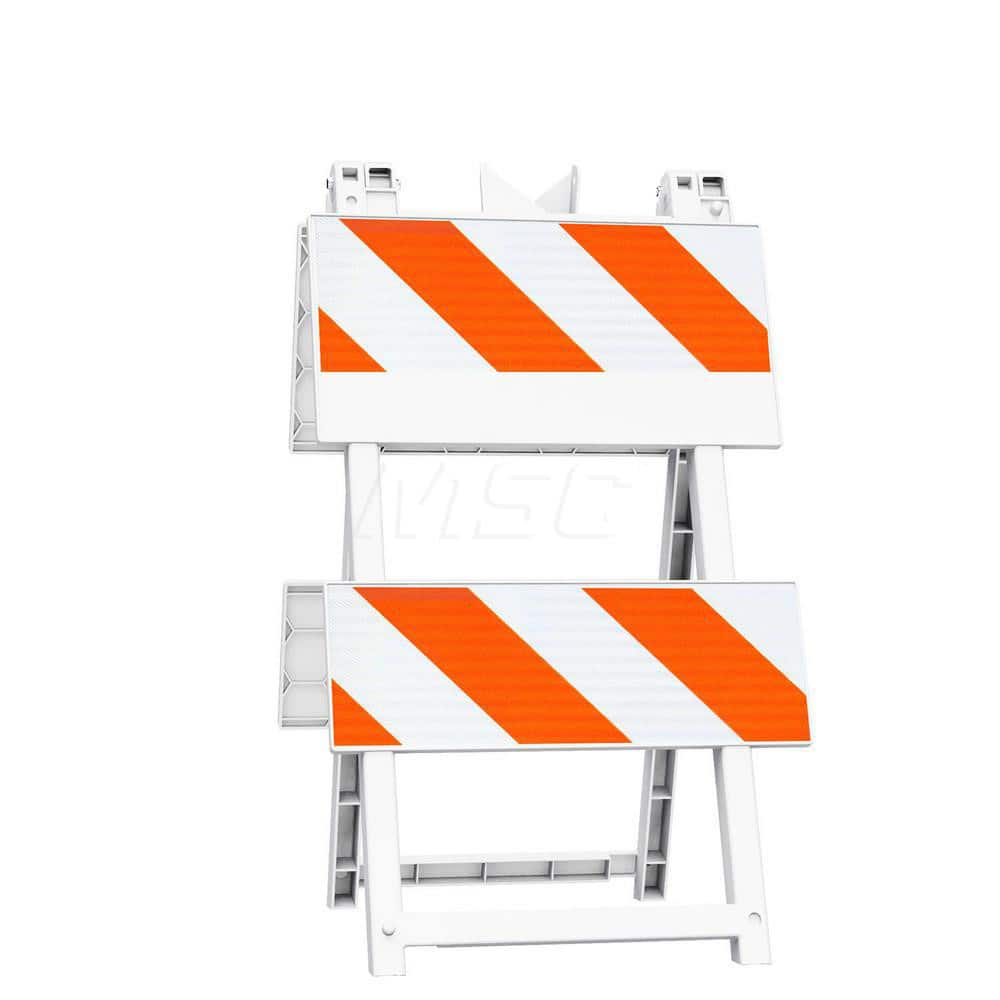 Traffic Barricades; Type: Type II; Barricade Height (Inch): 42.6; Material: Plastic; Barricade Width (Inch): 24; Reflective: Yes; Compliance: MASH Compliant; MUTCD; Color: White; Weight (Lb.): 13.2000; Top Panel Height (Inch): 8; Top Panel Width (Inch): 2