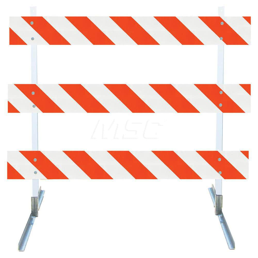 Traffic Barricades; Type: Type III; Barricade Height (Inch): 63; Material: Galvanized Steel Feet; Plastic Board; Polymer Plastic Upright; Barricade Width (Inch): 48; Reflective: Yes; Compliance: MASH Compliant; MUTCD; Weight (Lb.): 16.0000; Top Panel Heig