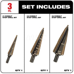 Drill Bit Set: Step Drill Bits, 3 Pc, 135 °, Steel
