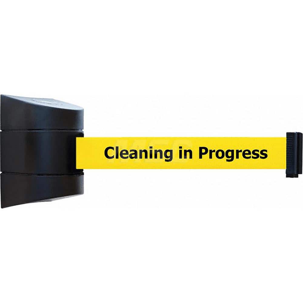 Wall Mounted Retractable Belt Barrier: Black Casing, 15' Yellow Belt: Cleaning' Long Progress