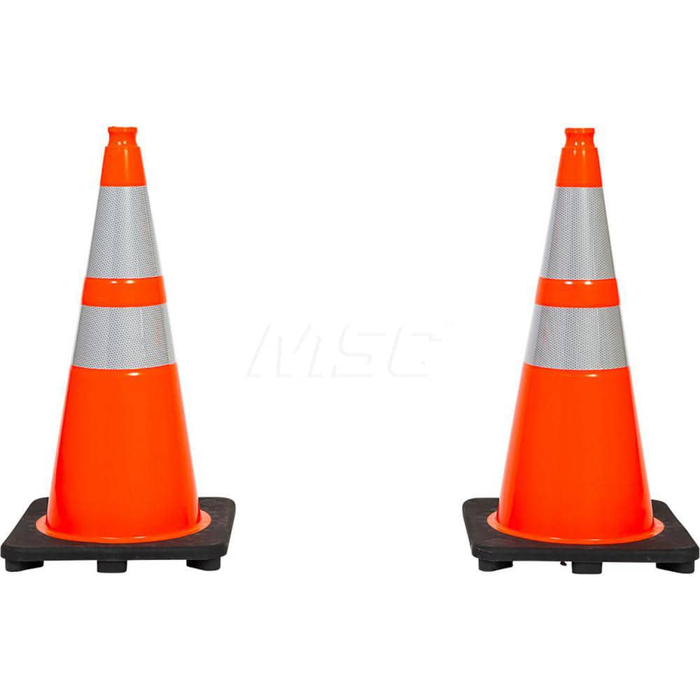Traffic Cone: Night or High Speed Roadway, Reflective, 28' Long Cone Ht, Orange, PVC