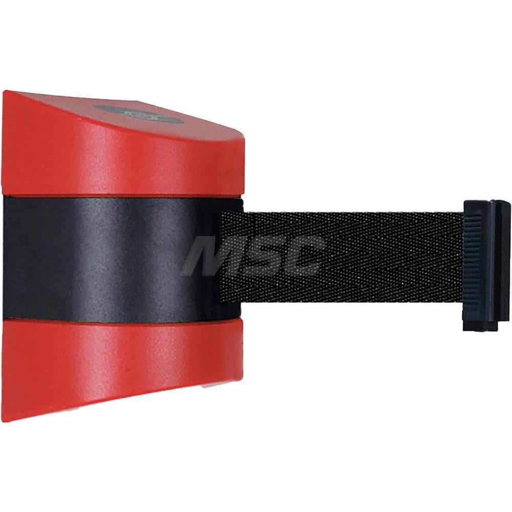 Wall Mounted Retractable Belt Barrier: Red Casing, 15' Black & Yellow Diagonal Striped