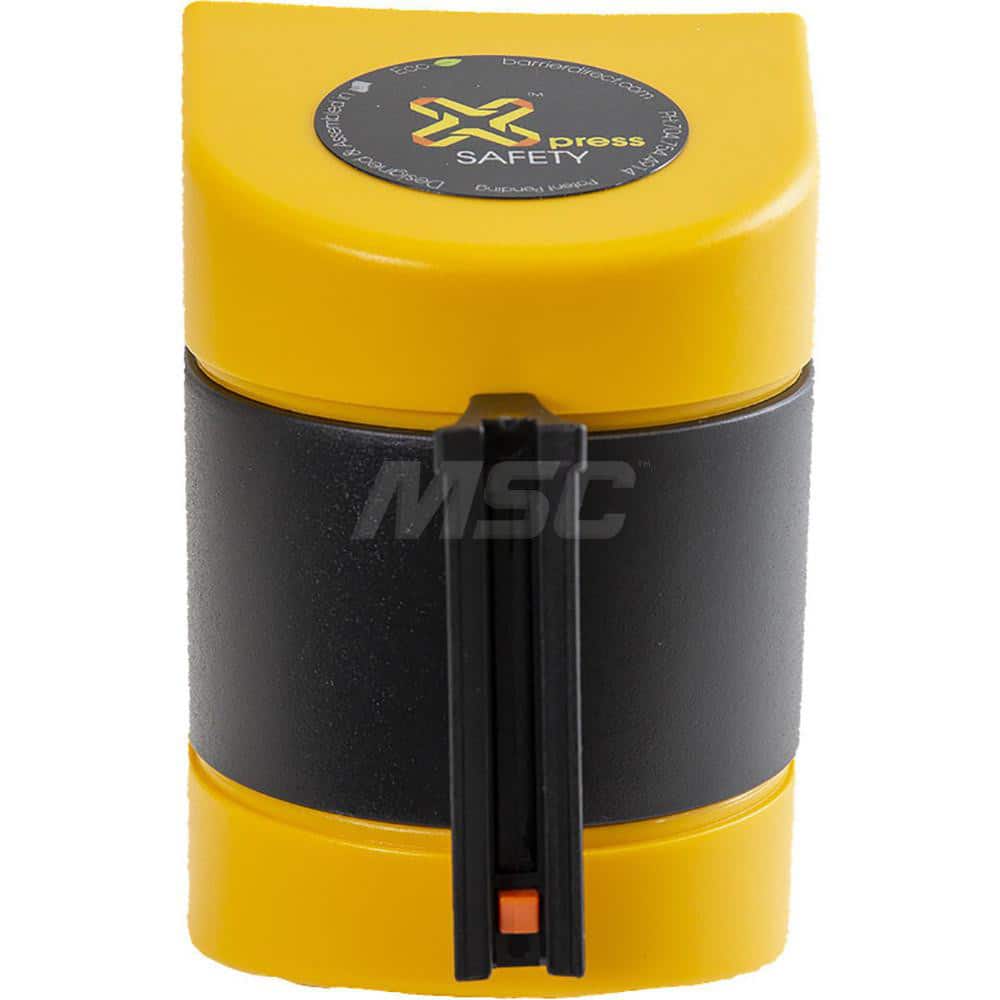 Wall Mounted Retractable Belt Barrier: Yellow Casing, 15' Black & Yellow Diagonal Striped