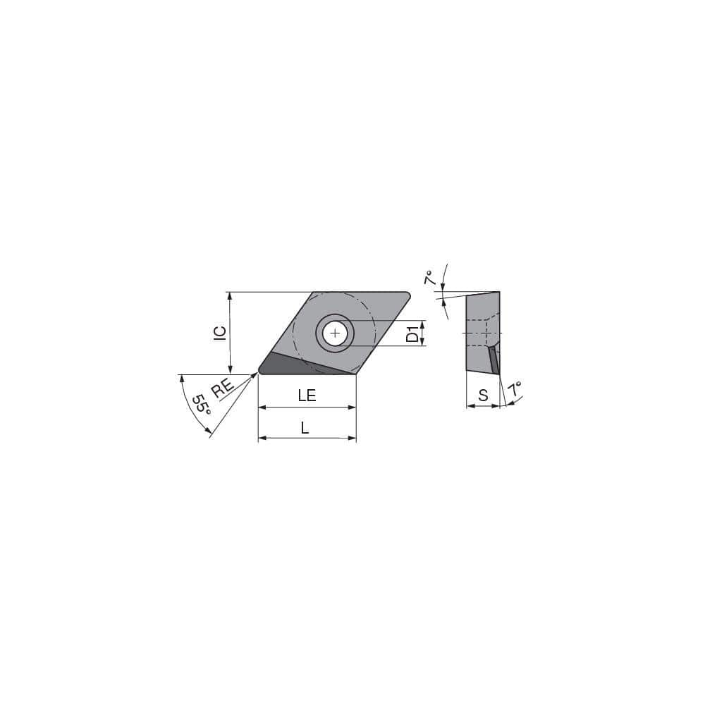 Turning Insert:  DCGT32.53FR_A7 CTDPS30,  Polycrystalline Diamond Uncoated Finish,  Right Hand,  0.0472″ Corner Radius,  55.0 &deg N/A Diamond,  Series  DCGT