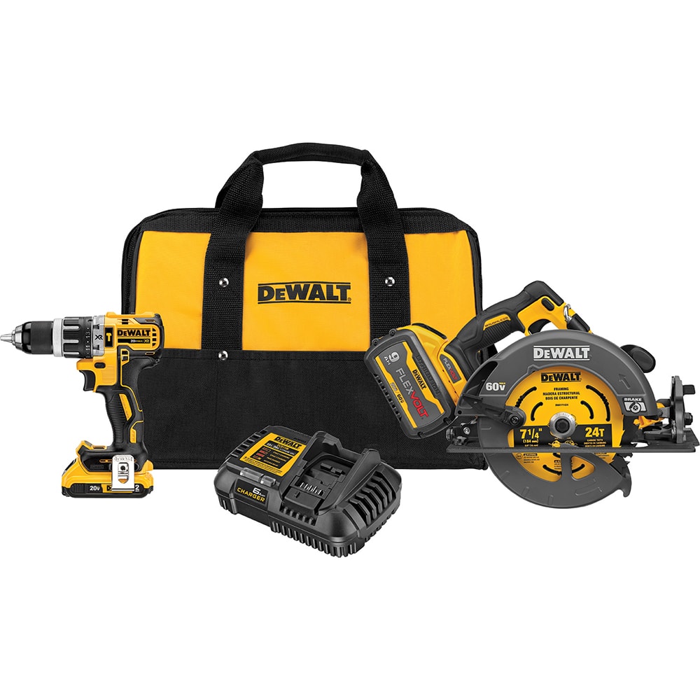 DeWALT - Cordless Tool Combination Kits; Voltage: 60 ; Tools: 1/2" Brushless Hammer Drill/Driver; 7-1/4" Circular Saw ; Battery Chemistry: Lithium Ion ; Battery Series: FLEXVOLT ; Battery Included: Yes ; Number of Batteries: 2