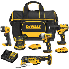 DeWALT - Cordless Tool Combination Kits; Voltage: 20 ; Tools: 1/2" Compact Drill/Driver; 1/4" Impact Driver; Brushless 3-Speed Cordless Oscillating Multi-Tool; 5" Brushless Cordless Random Orbit Sander ; Battery Chemistry: Lithium Ion ; Battery Series: 2 - Exact Industrial Supply