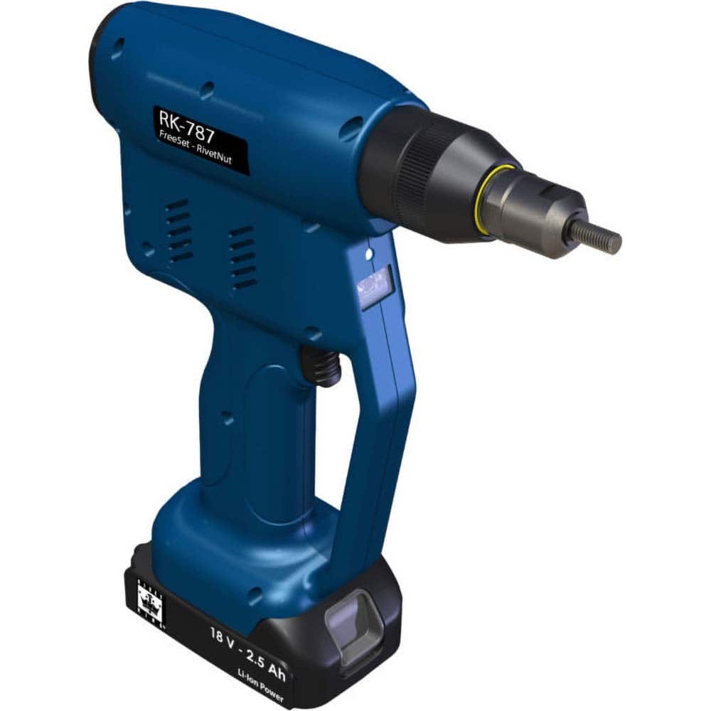 RivetKing - Cordless Riveters; Fastener Type: Cordless Electric Riveter ; Closed End Rivet Capacity: All up to 1/4 ; Mandrel Collection: Yes ; Voltage: 18 ; Stroke Length (Decimal Inch): 1.0000 ; Pull Force (Lb.): 4100