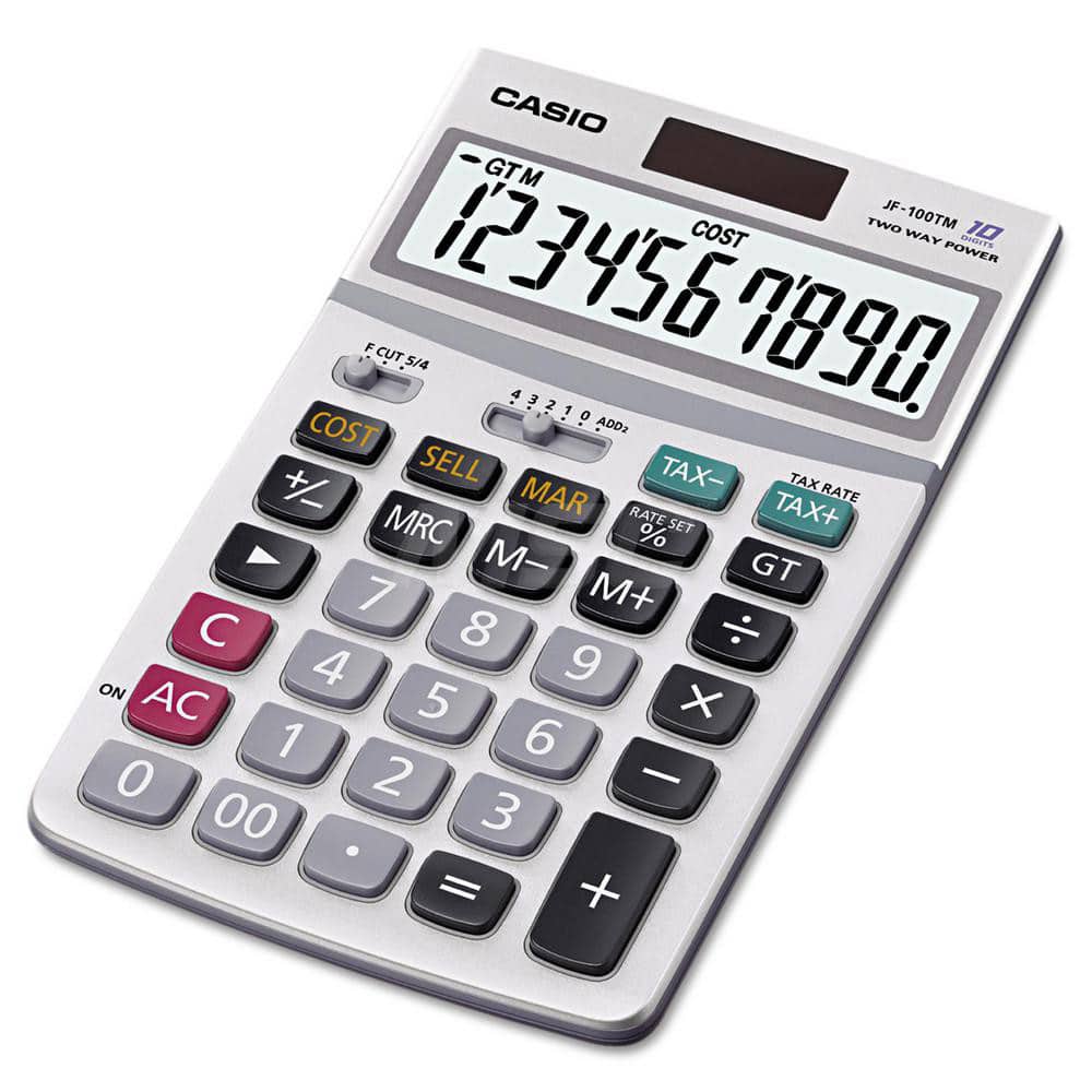 Casio - Calculators; Type: Desktop Calculator ; Type of Power: Battery; Solar ; Display Type: 10-Digit LCD ; Color: Silver ; Display Size: 18mm ; Width (Inch): 4-1/4 - Exact Industrial Supply