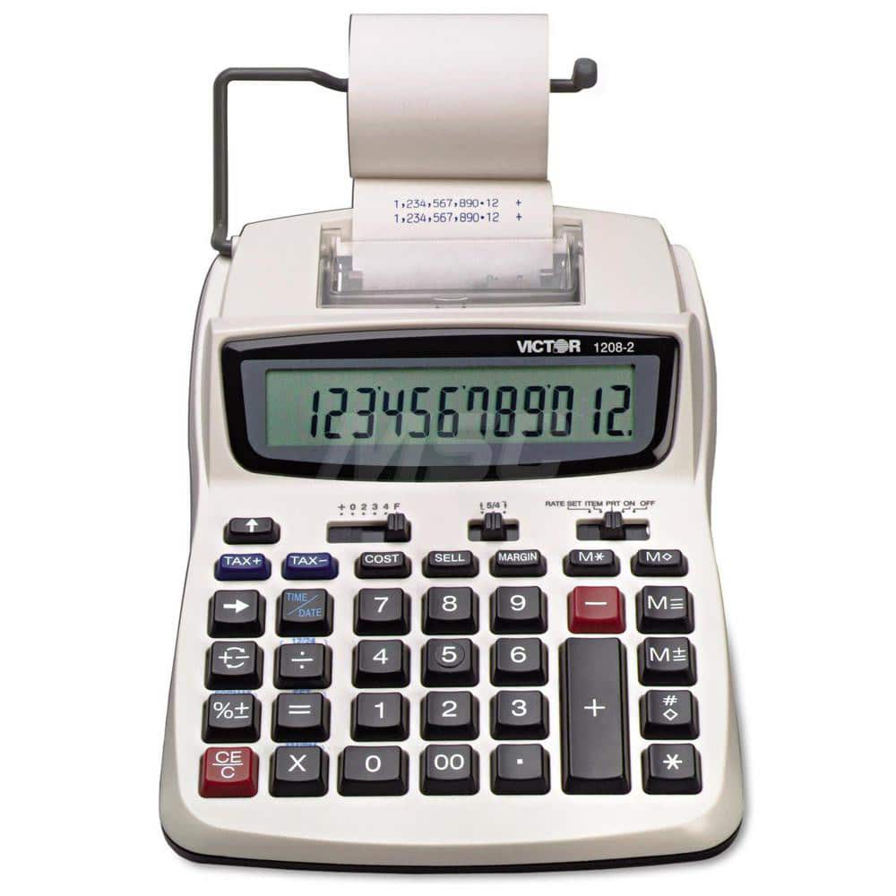 Victor - Calculators; Type: Printing Calculator ; Type of Power: AC/DC; 4 AA Batteries ; Display Type: 12-Digit LCD ; Color: White; Black; Red ; Display Size: 15mm ; Width (Decimal Inch): 7.5000 - Exact Industrial Supply