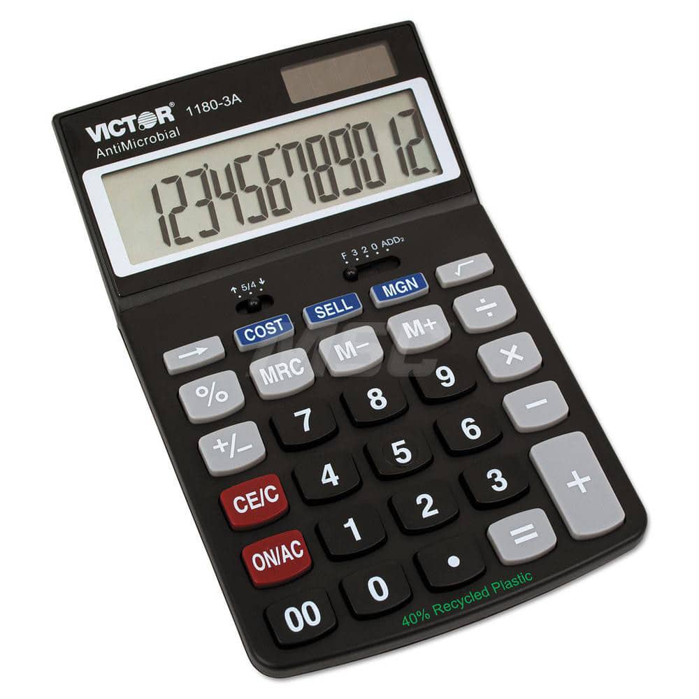 Victor - Calculators; Type: Desktop Calculator ; Type of Power: Battery; Solar ; Display Type: 12-Digit LCD ; Color: Black ; Display Size: 16mm ; Width (Decimal Inch): 4.3000 - Exact Industrial Supply