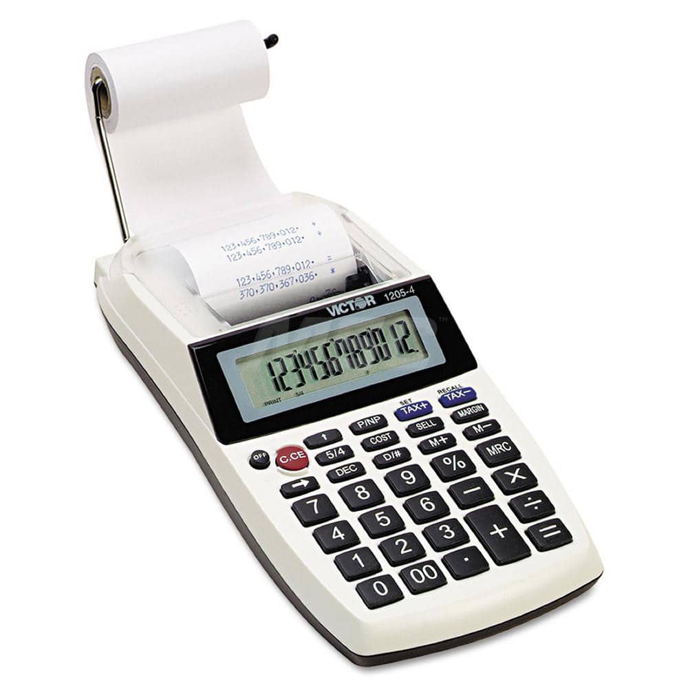 Victor - Calculators; Type: Printing Calculator ; Type of Power: AC/DC; 4 AA Batteries ; Display Type: 12-Digit LCD ; Color: White; Black ; Display Size: 12mm ; Width (Inch): 4 - Exact Industrial Supply