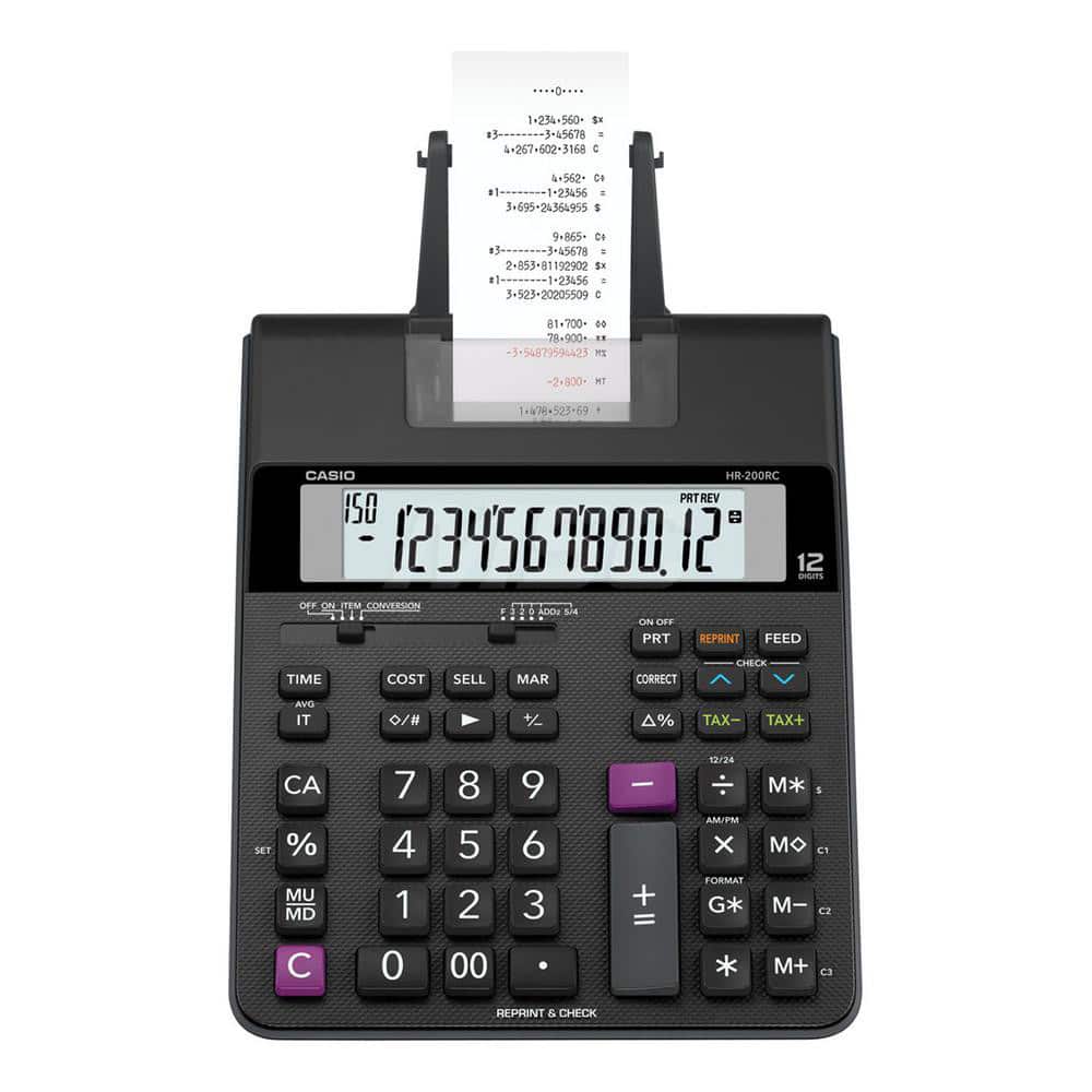 Casio - Calculators; Type: Printing Calculator ; Type of Power: Battery ; Display Type: 12-Digit LCD ; Color: Black; Red ; Display Size: 12mm ; Width (Decimal Inch): 9.5000 - Exact Industrial Supply