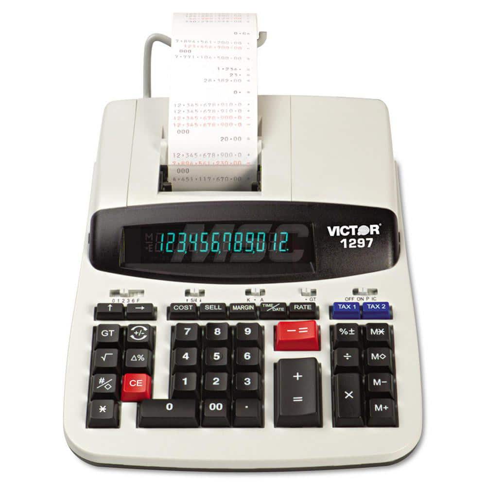 Victor - Calculators; Type: Printing Calculator ; Type of Power: AC ; Display Type: 12-Digit LCD ; Color: Black; White; Black; Red ; Display Size: 15mm ; Width (Inch): 8 - Exact Industrial Supply