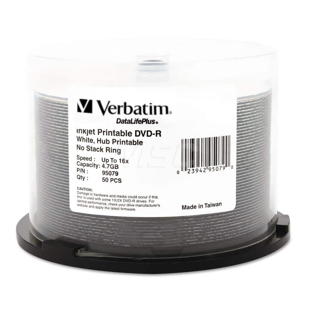 Verbatim - Office Machine Supplies & Accessories; Office Machine/Equipment Accessory Type: DVD+R Disc ; For Use With: DVD/CD Inkjet Printers & Duplicators ; Color: White - Exact Industrial Supply
