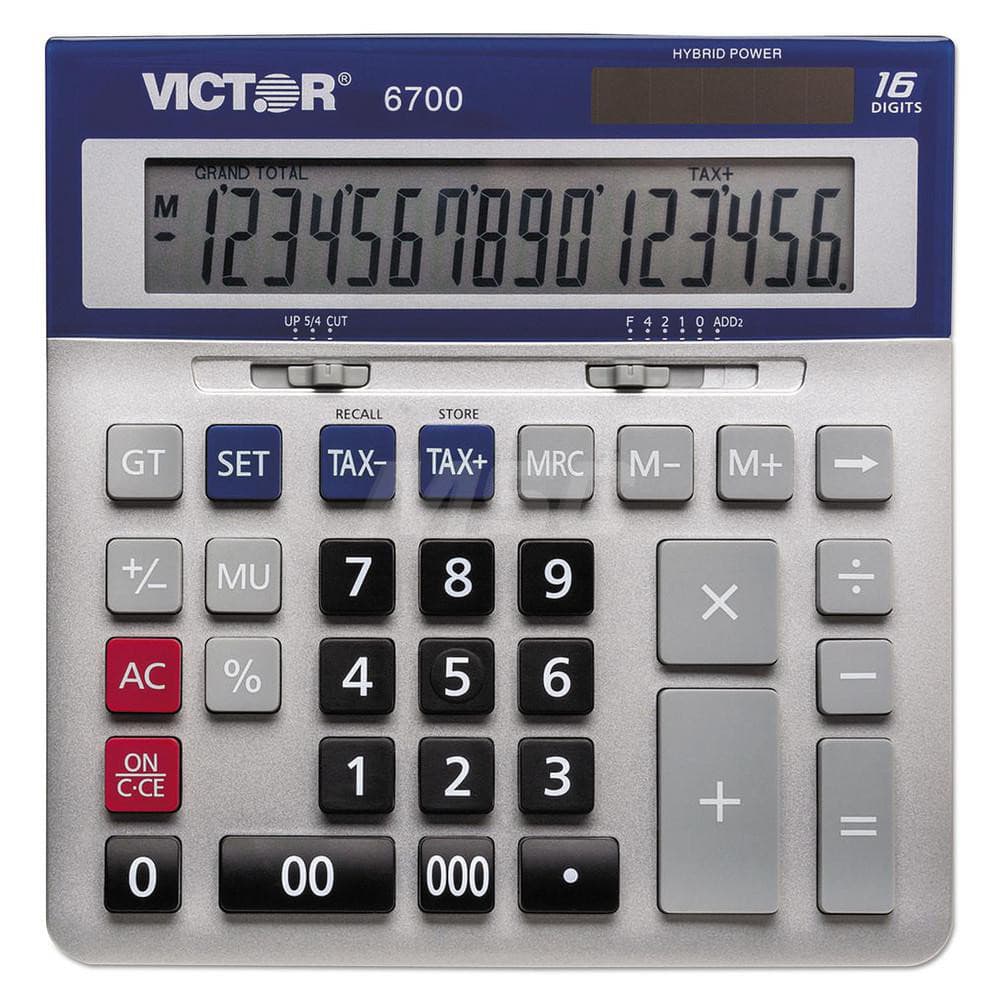 Victor - Calculators; Type: Desktop Calculator ; Type of Power: Solar; CR-2032 ; Display Type: 16-Digit LCD ; Color: Blue; Silver ; Display Size: 20mm ; Width (Decimal Inch): 7.3000 - Exact Industrial Supply