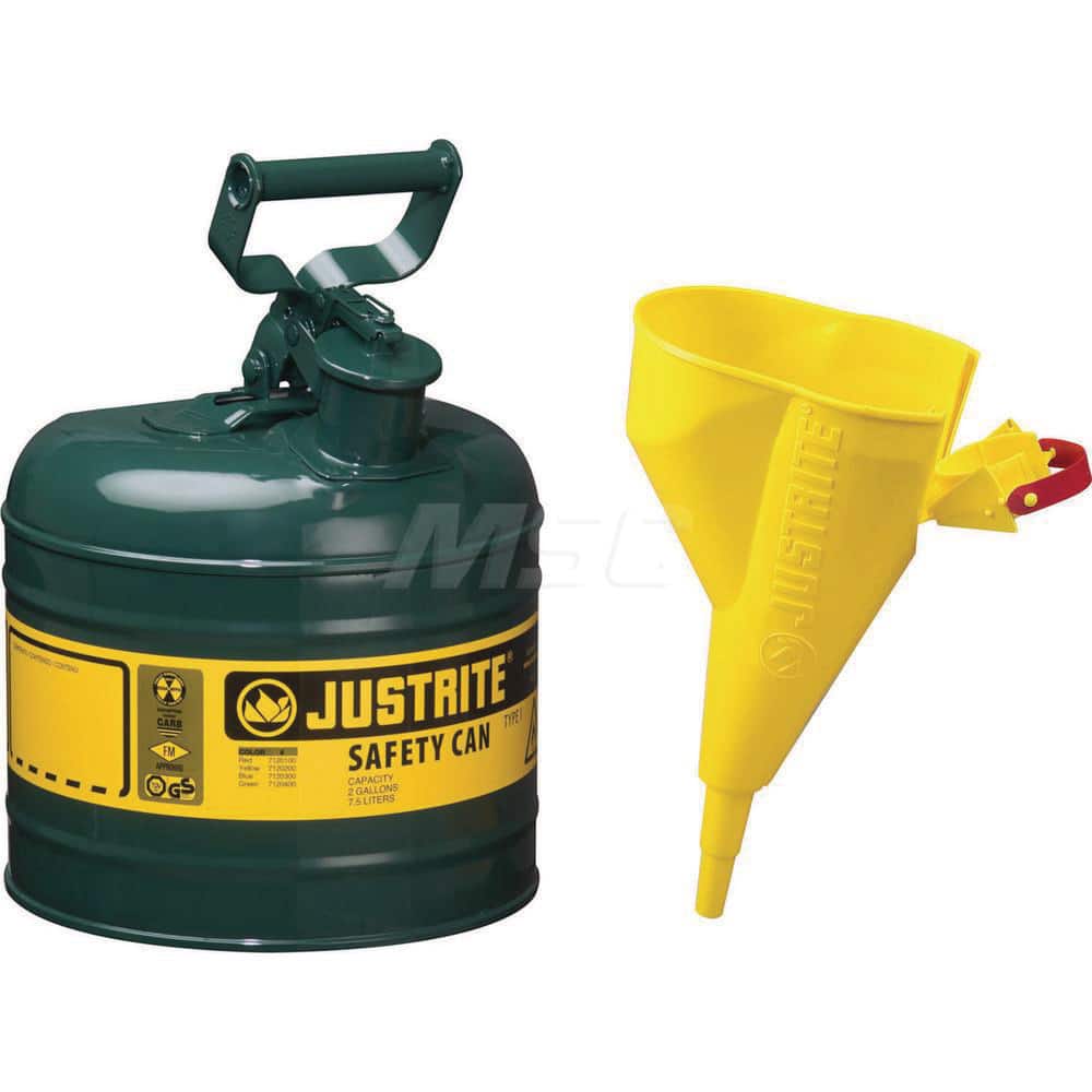 Justrite - Safety Dispensing Cans; Capacity: 2 Gal. ; Material: Steel ; Color: Green ; Height (Decimal Inch): 13.750000 ; Diameter/Length (mm): 9.50 ; Approval Listing/Regulations: FM Approved; UL; ULC; TUV - Exact Industrial Supply