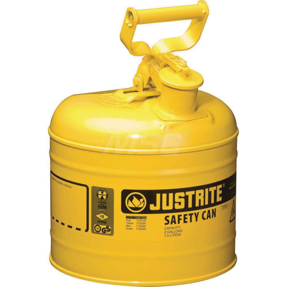 Justrite - Safety Dispensing Cans; Capacity: 2 Gal. ; Material: Steel ; Color: Yellow ; Height (Decimal Inch): 13.750000 ; Diameter/Length (mm): 9.50 ; Approval Listing/Regulations: FM Approved; UL; ULC; TUV - Exact Industrial Supply