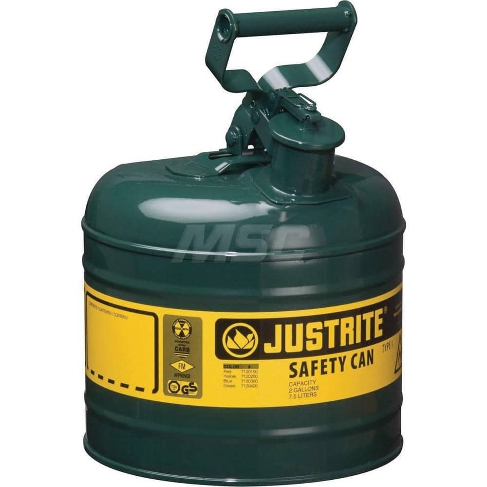 Justrite - Safety Dispensing Cans; Capacity: 2 Gal. ; Material: Steel ; Color: Green ; Height (Decimal Inch): 13.750000 ; Diameter/Length (mm): 9.50 ; Approval Listing/Regulations: FM Approved; UL; ULC; TUV - Exact Industrial Supply