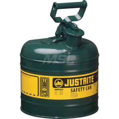 Justrite - Safety Dispensing Cans; Capacity: 2 Gal. ; Material: Steel ; Color: Green ; Height (Decimal Inch): 13.750000 ; Diameter/Length (mm): 9.50 ; Approval Listing/Regulations: FM Approved; UL; ULC; TUV
